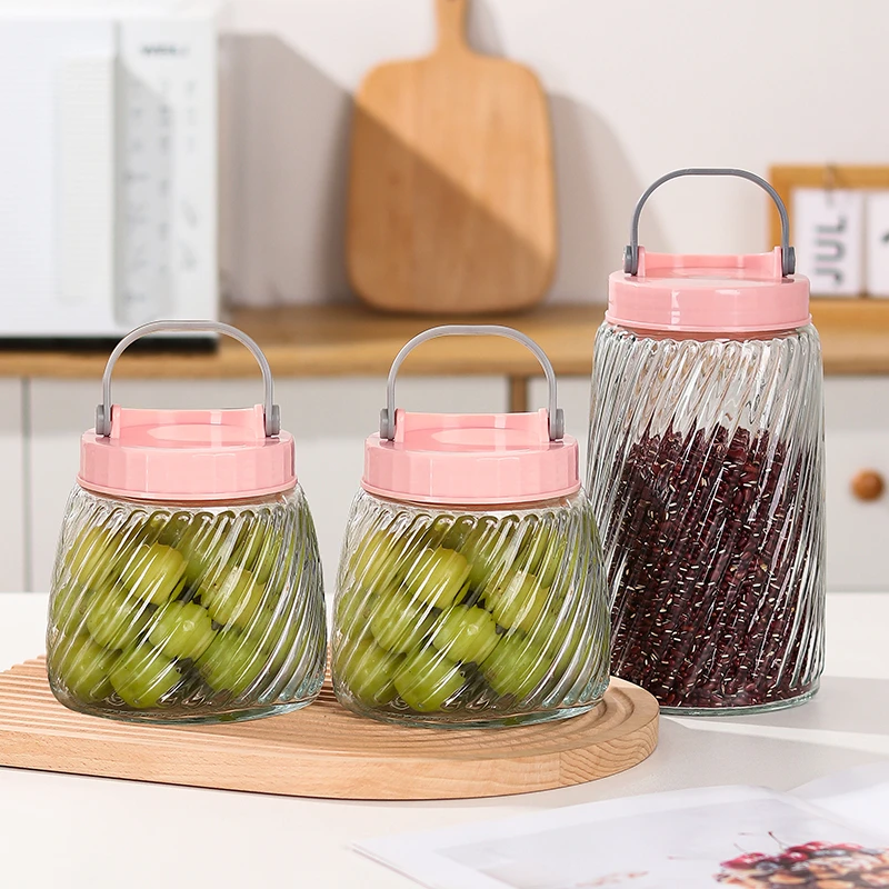 3只装-斜纹密封储物罐加厚玻璃提手储物罐防潮防尘罐子家用大口径