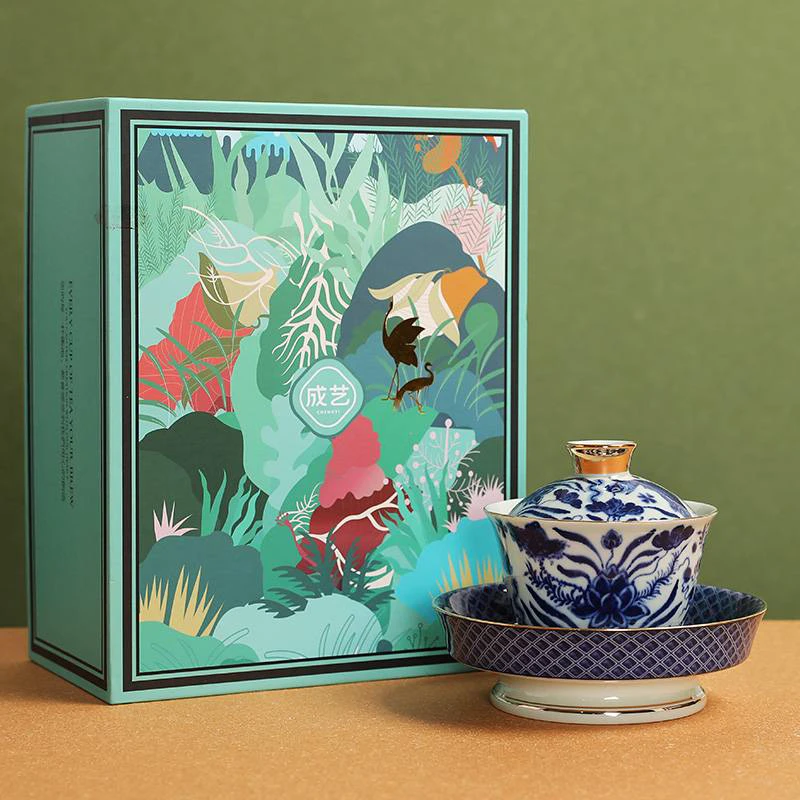 成艺手绘鱼藻纹盖碗手工高档复古陶瓷中式礼盒装描金瓷盖碗轻奢