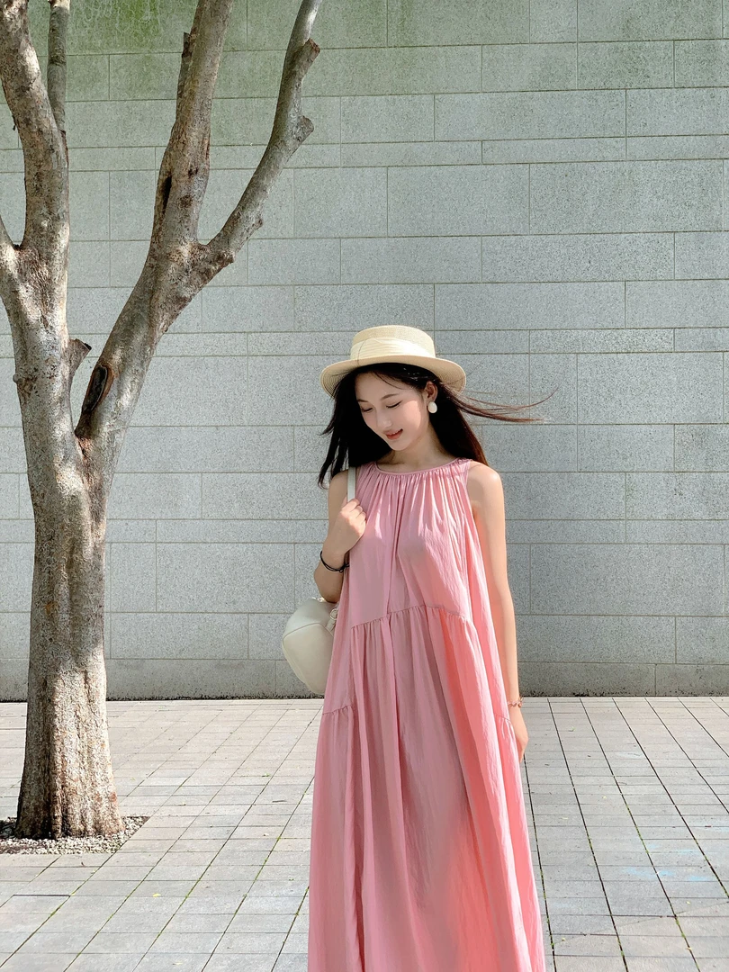 【蓝屿画叙】李宝妮无袖长裙挂脖款套头通勤风连衣裙宽松设计感气质
