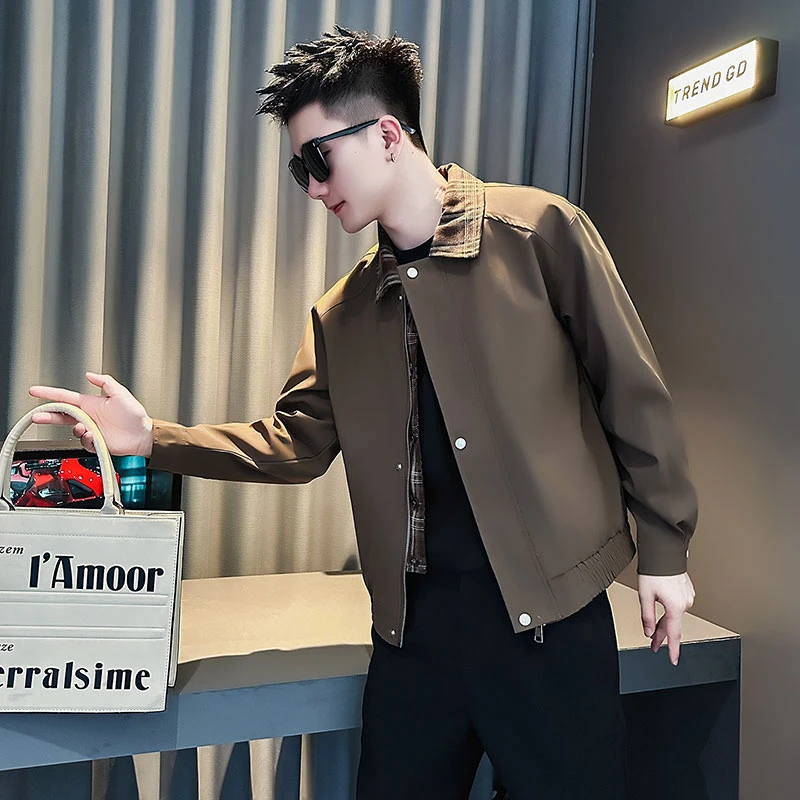 高级感翻领夹克男士春秋季潮牌拼接假两件外套2025新款短款上衣服
