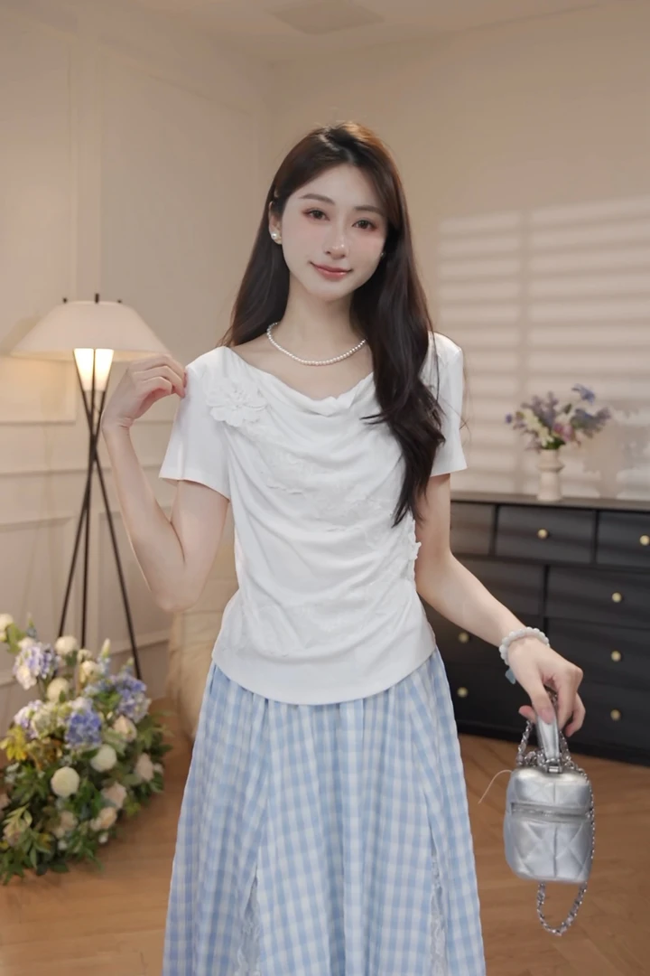 鹿向南[梵高麦田诗]夏季新款小众清新杏色短袖蓝色格子半身裙套装