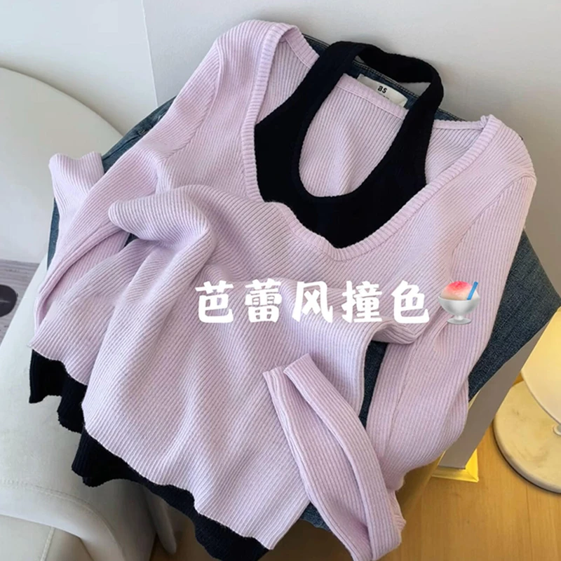 挂脖设计露锁骨性感甜美气质减龄假两件百搭显瘦长袖针织衫上衣女