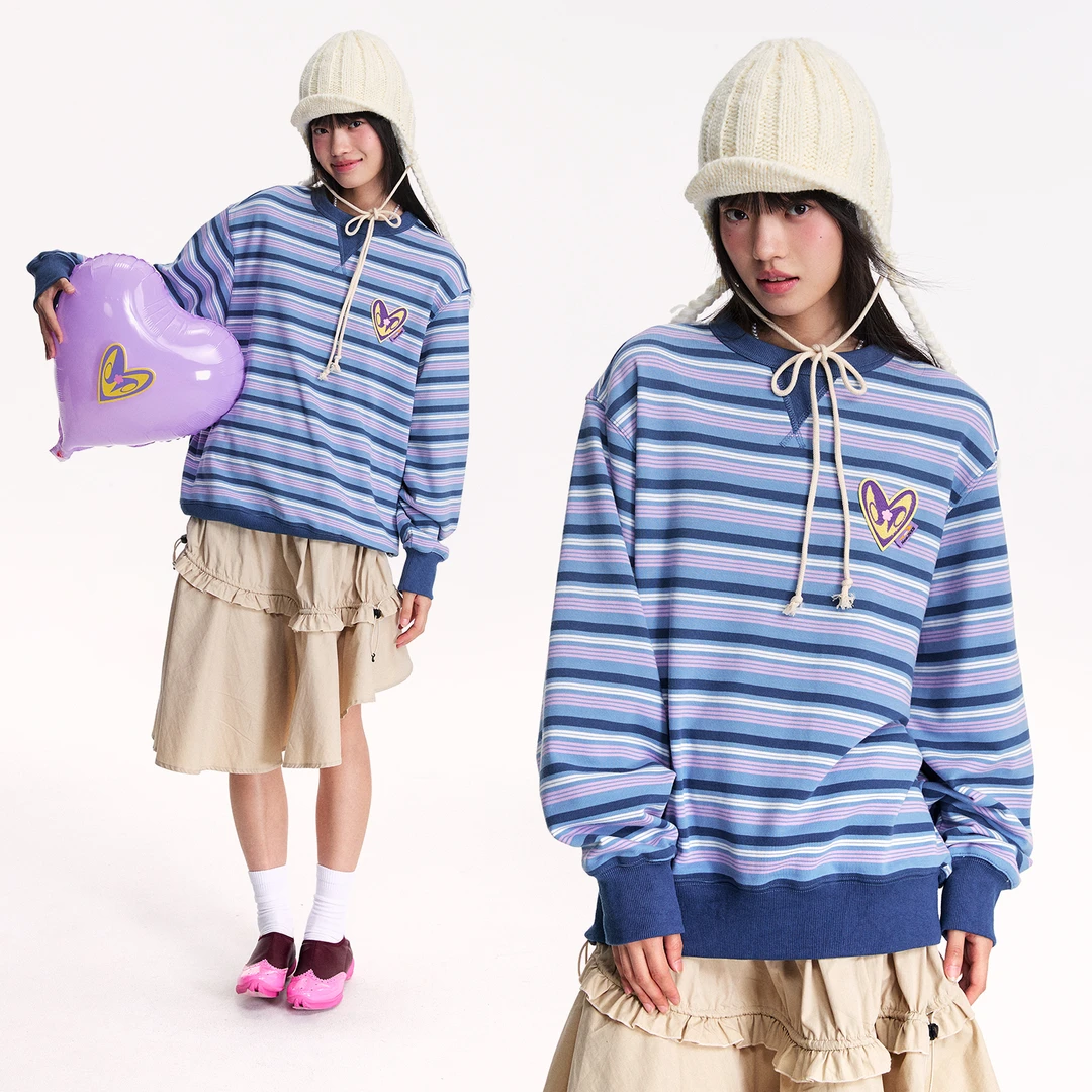 江南先生NewJNXS"公园私奔计划"条纹爱心标刺绣宽松卫衣情侣外套