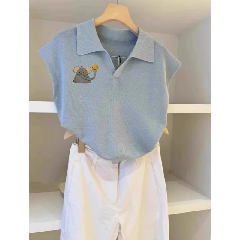 小象印花蓝色小飞袖polo衫女薄款短袖t恤夏季超好看独特漂亮上衣