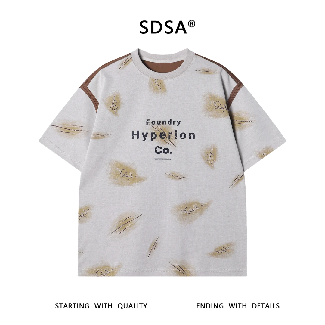 夏季高级感新款美式磨破撞色印花字母圆领短袖T恤百搭潮流上衣