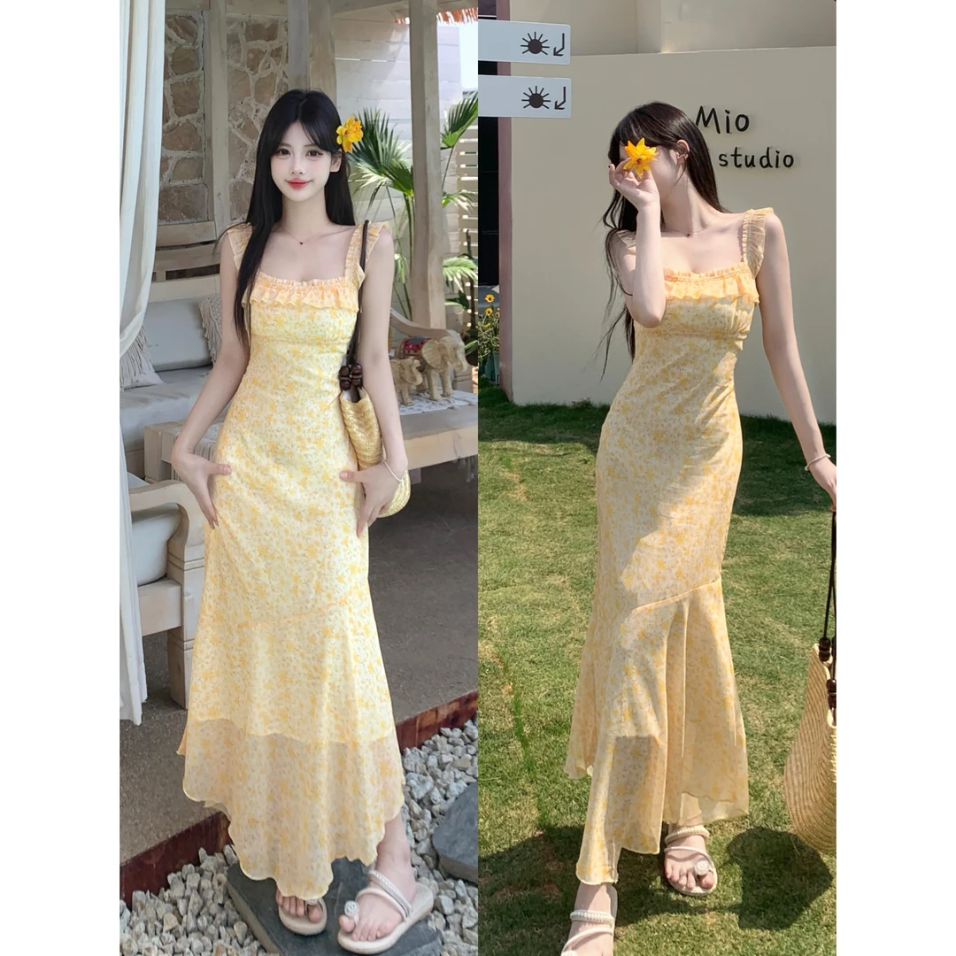 微胖妹妹大码夏季油画系列长款法式碎花吊带连衣裙显瘦气质长裙女