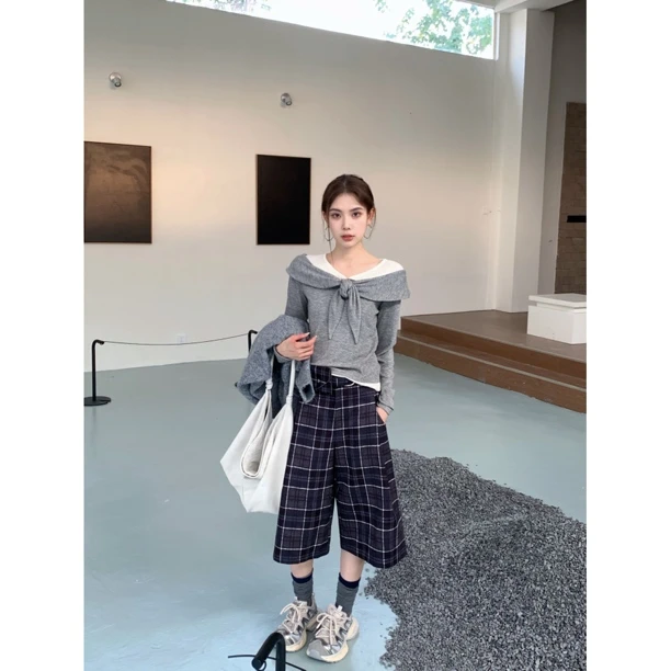 【赵小小&高智lady】9167 秋季设计感撞色拼接高级感飘带露肩上衣女