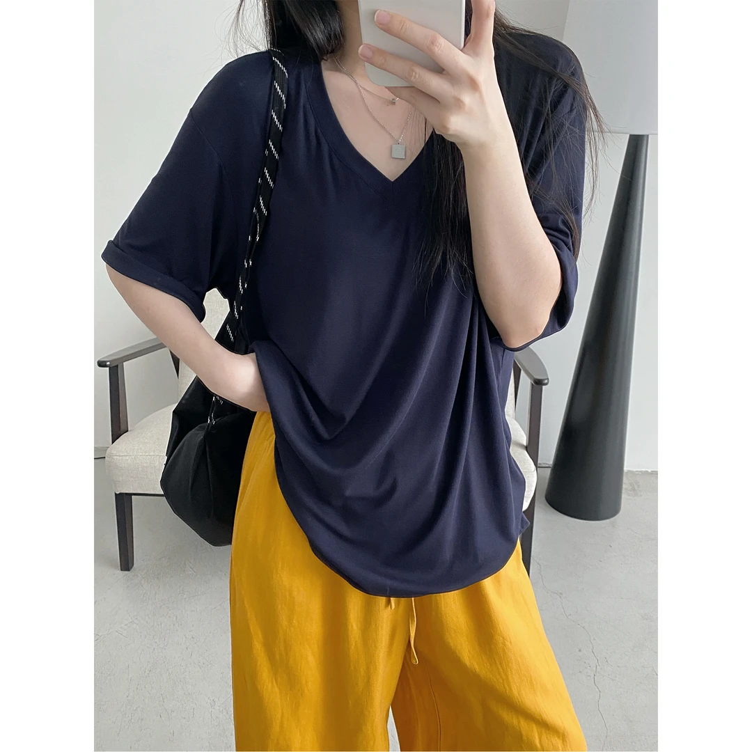 【藏青V领Plus版】宽松显瘦上衣百搭设计感短袖T恤纯色上衣