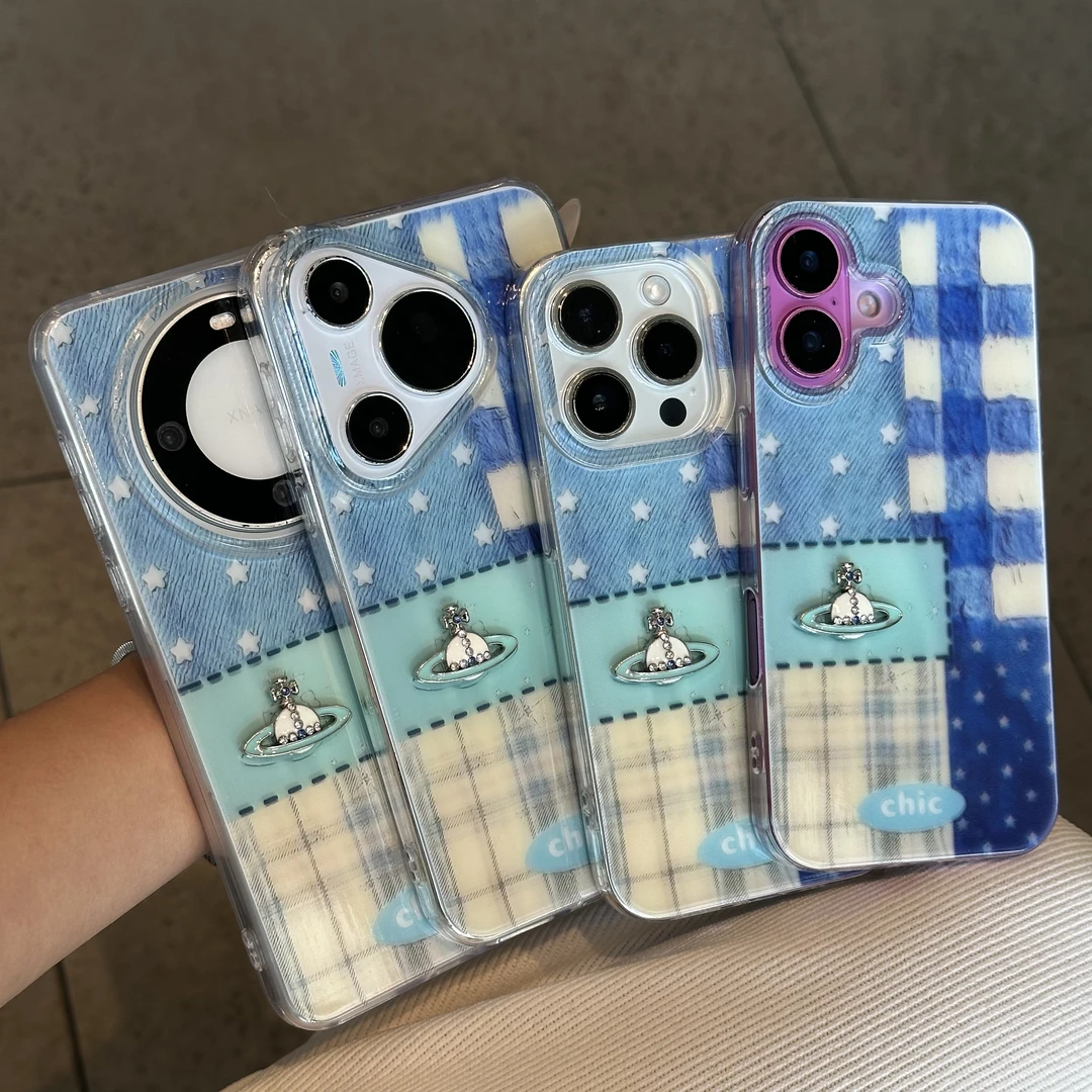 欧克里里蓝格纹拼接环绕星球适用苹果16手机壳华为vivo小米15oppo