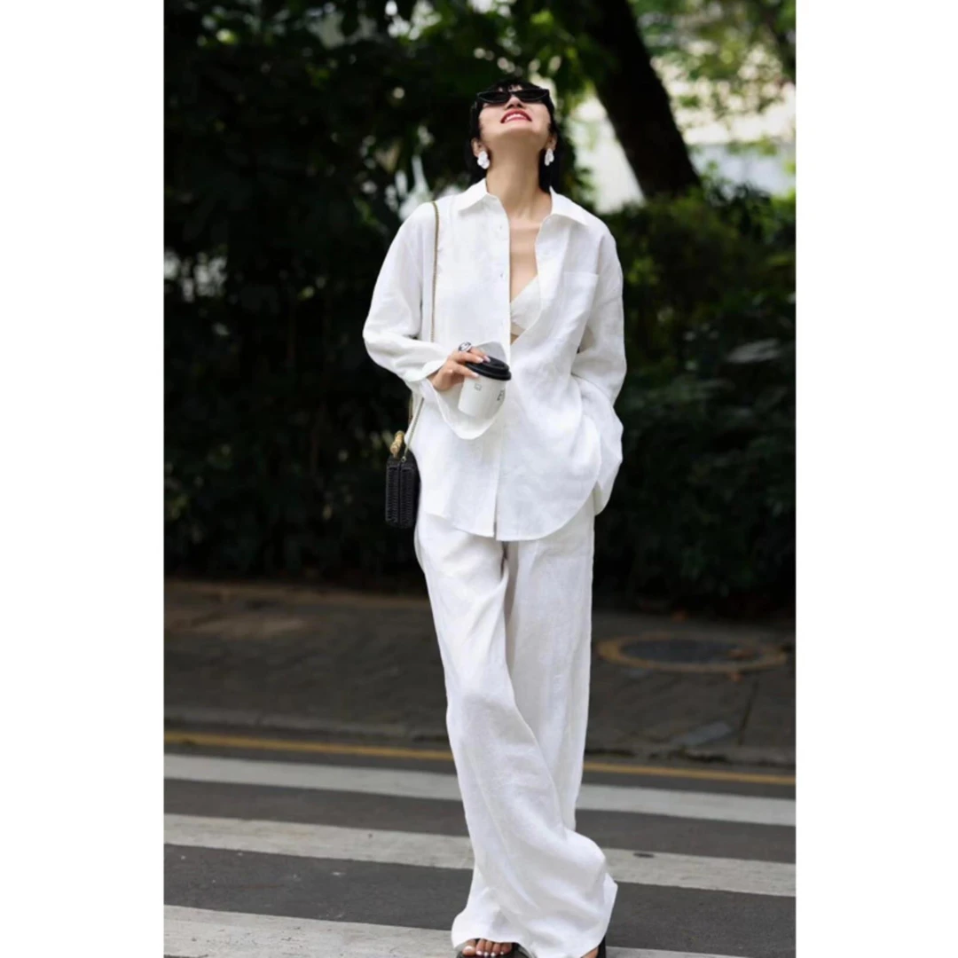 极简风休闲套装女春季简约松弛慵懒风白色衬衫阔腿裤高级感两件套