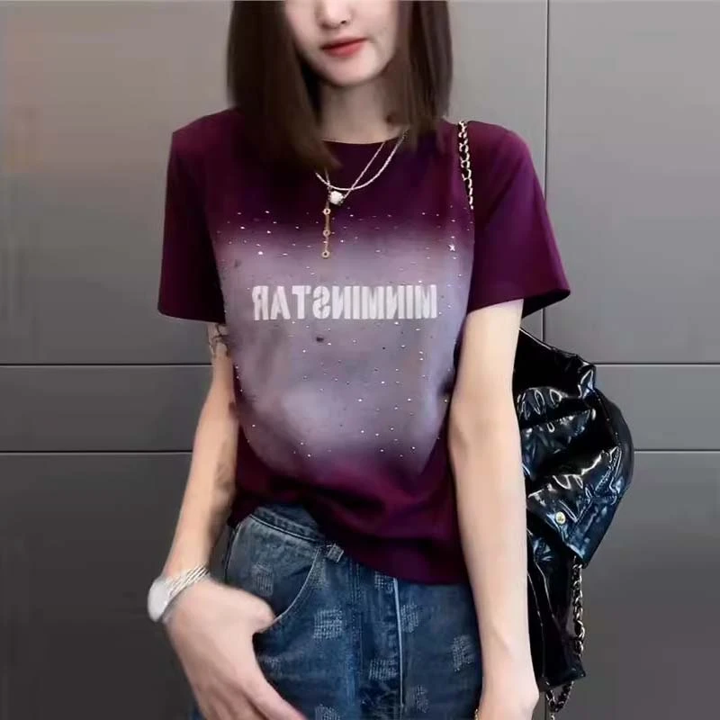 2025夏季新款女士欧货棉短袖t恤洋气大码时尚正肩烫钻上衣体恤潮