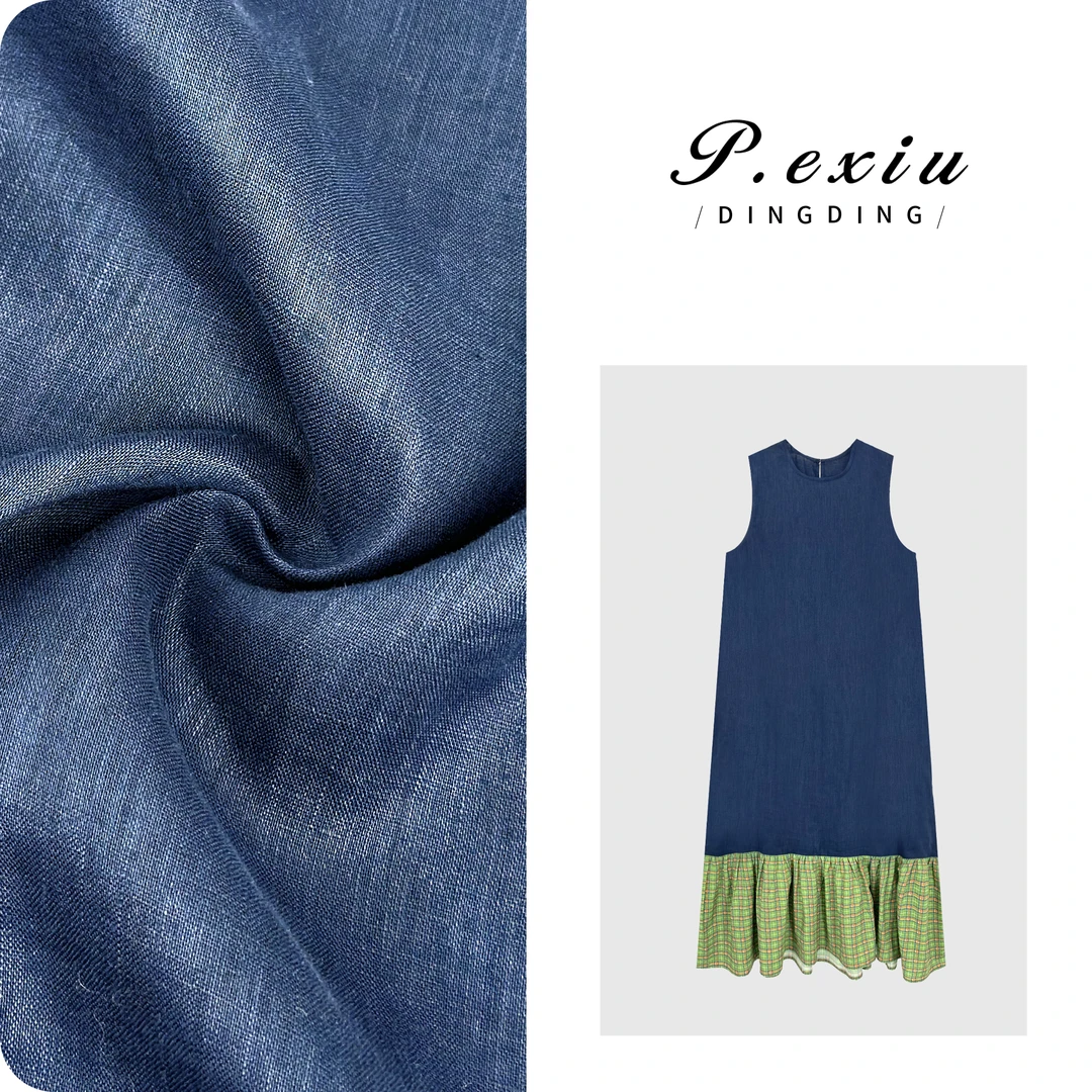 100%苎麻设计感拼接格子无袖连衣裙 H2525