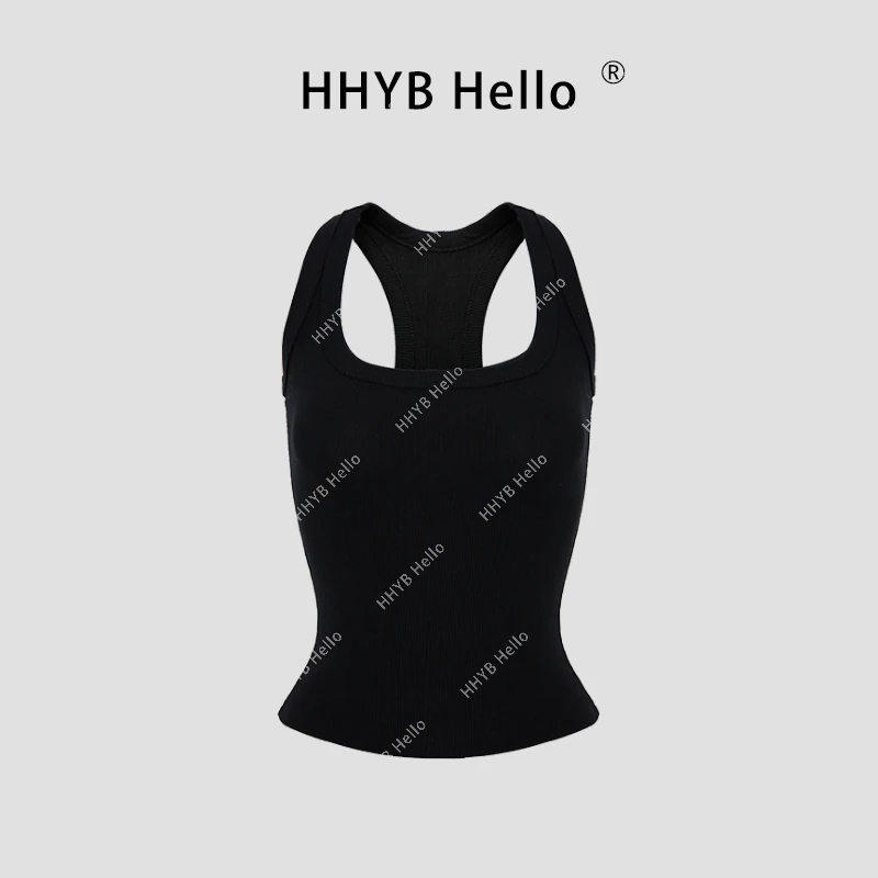 HHYB Hello2025春夏新款螺纹纯色方领螺纹挂脖背心吊带253008