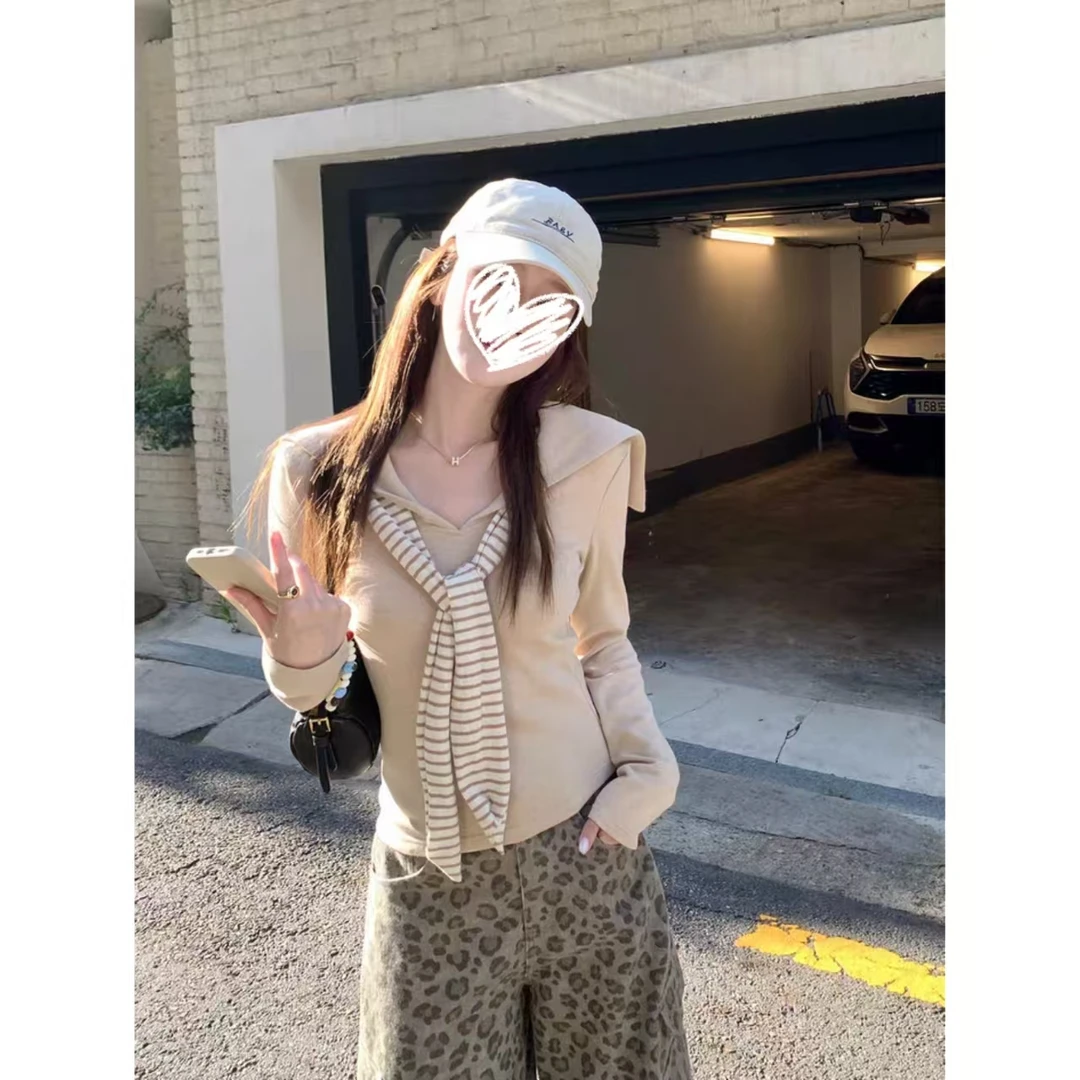 H375 秋季新款长袖T恤小众学院风海军领假两件上衣女