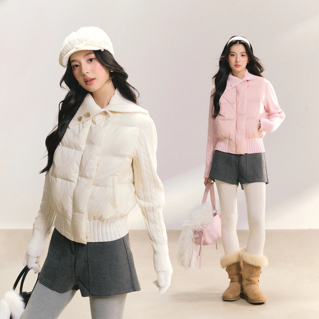 FPMZ【心动信号】修身麻花袖翻领排扣90白鸭绒羽绒服棉服外套冬女