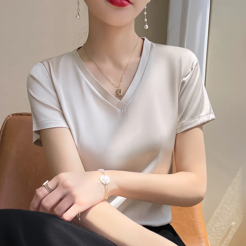 缎面女纯色V领夏季T恤宽松短袖内搭丝滑打底衫西服上衣半袖