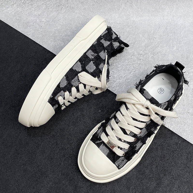 夏季爆款潮流厚底帆布鞋男黑色格子板鞋休闲鞋子男生百搭透气潮鞋