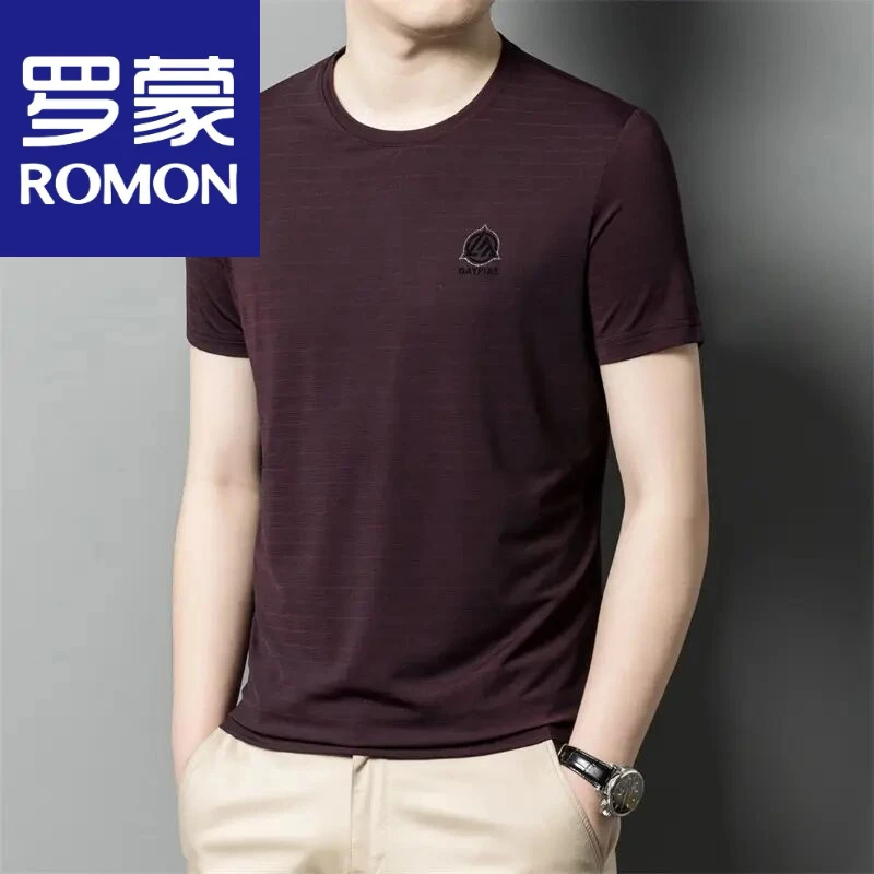 罗蒙罗蒙冰丝条纹T恤男短袖圆领宽松凉感滑料体桖中年爸爸夏装上