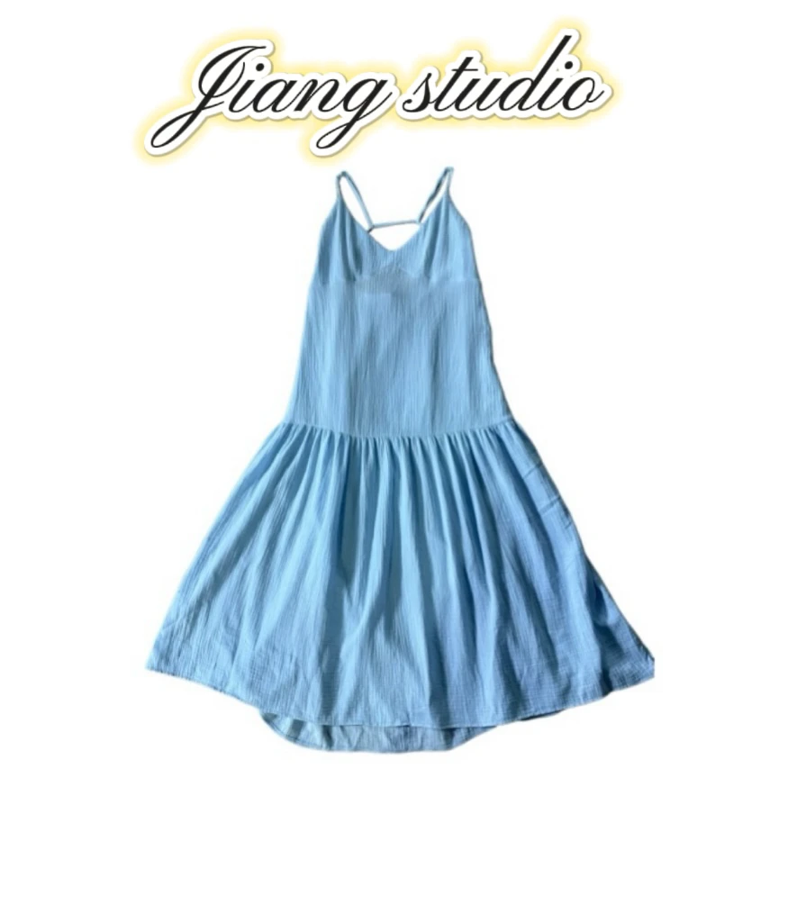 江江 蓝桔梗双层棉纱吊带连衣裙no退no换