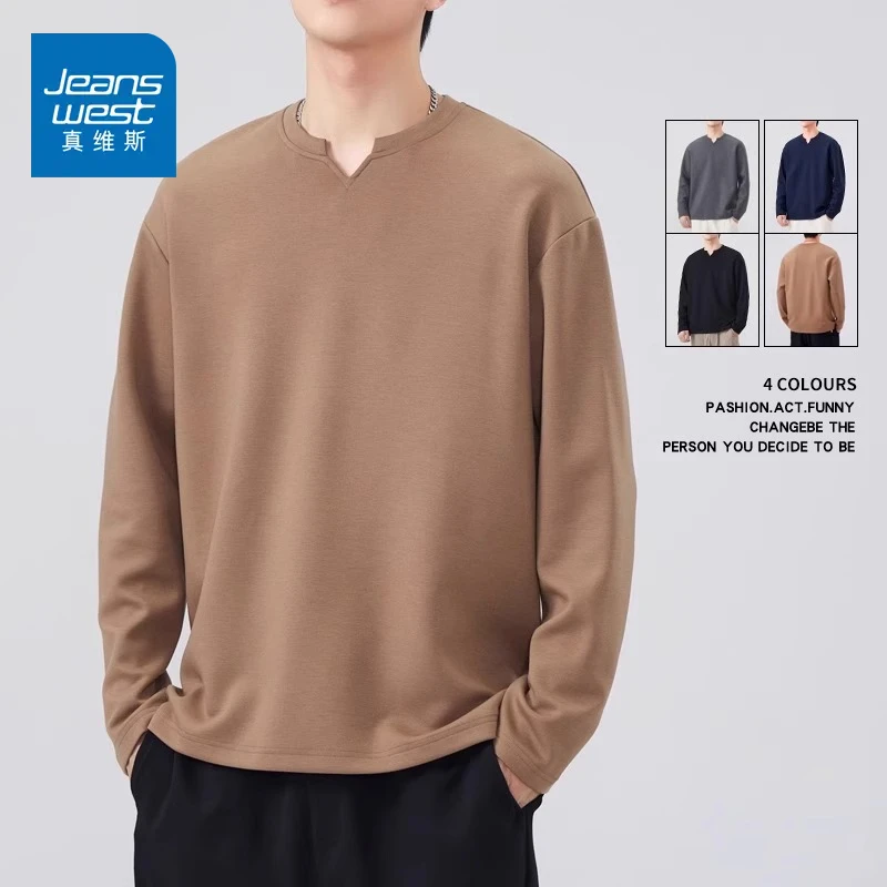 真维斯2025新款小V领长袖t恤男士春秋季纯色宽松潮牌打底衫上衣男