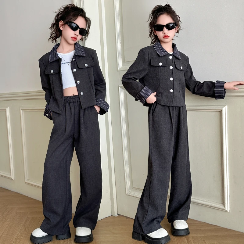 女童西装套装2025新款6-12岁潮酷中大儿童时髦洋气休闲西服两件套