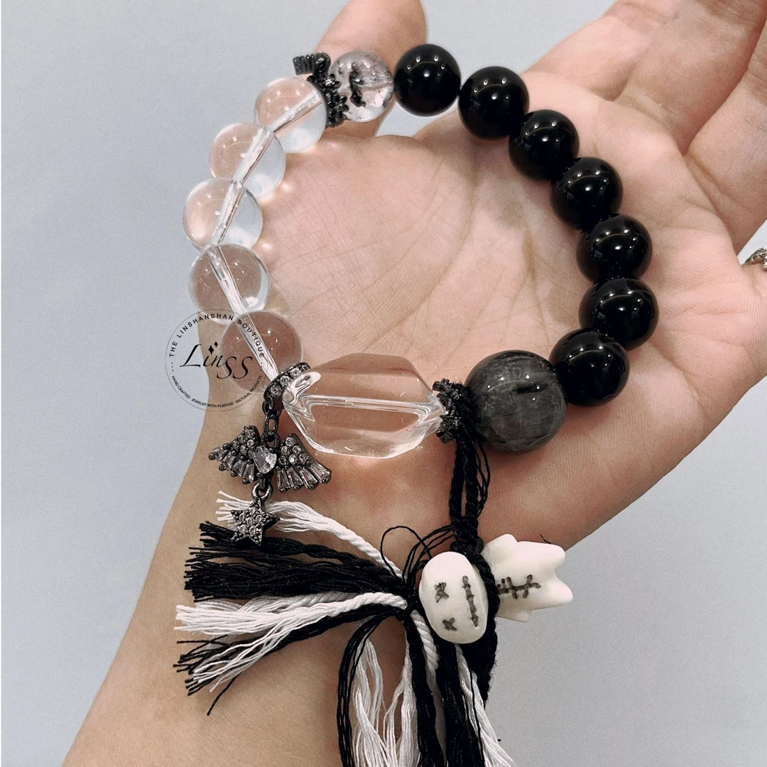 LSS原创<夜行>DS属金天然黑曜石白水晶幽灵黑发晶闪灵黑白手串