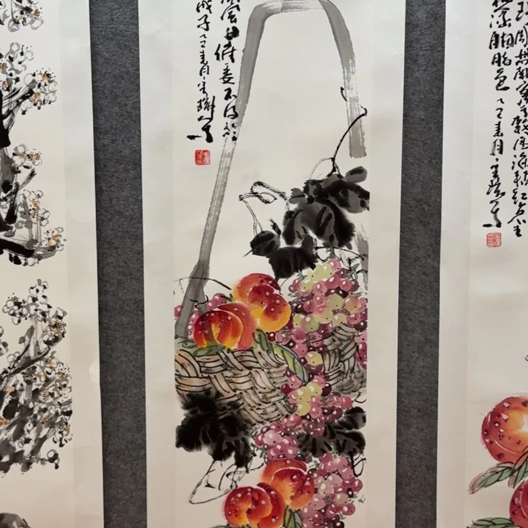 国画四尺对开作品花鸟