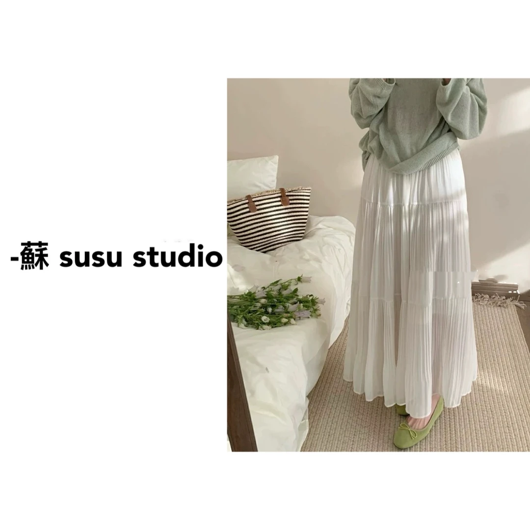 25022春夏松紧腰休闲显瘦百褶半身裙