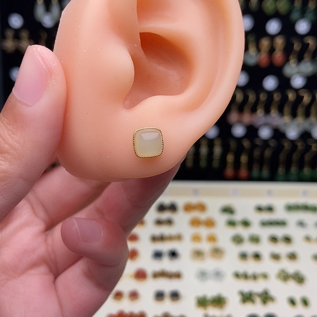 和田玉银S925镀金镶嵌耳饰