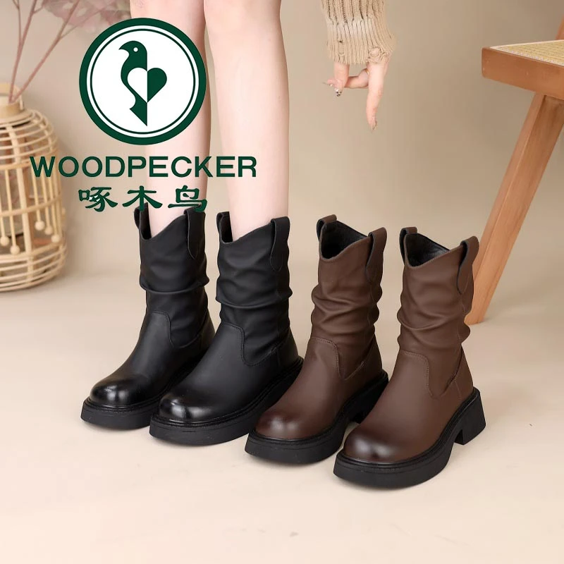 啄木鸟马丁靴女2025年冬季新款黑色厚底增高单靴显瘦加绒堆堆短靴