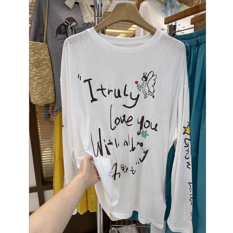 大码200斤长袖T恤女夏季薄款白色防晒罩衫宽松显瘦雪花棉上衣