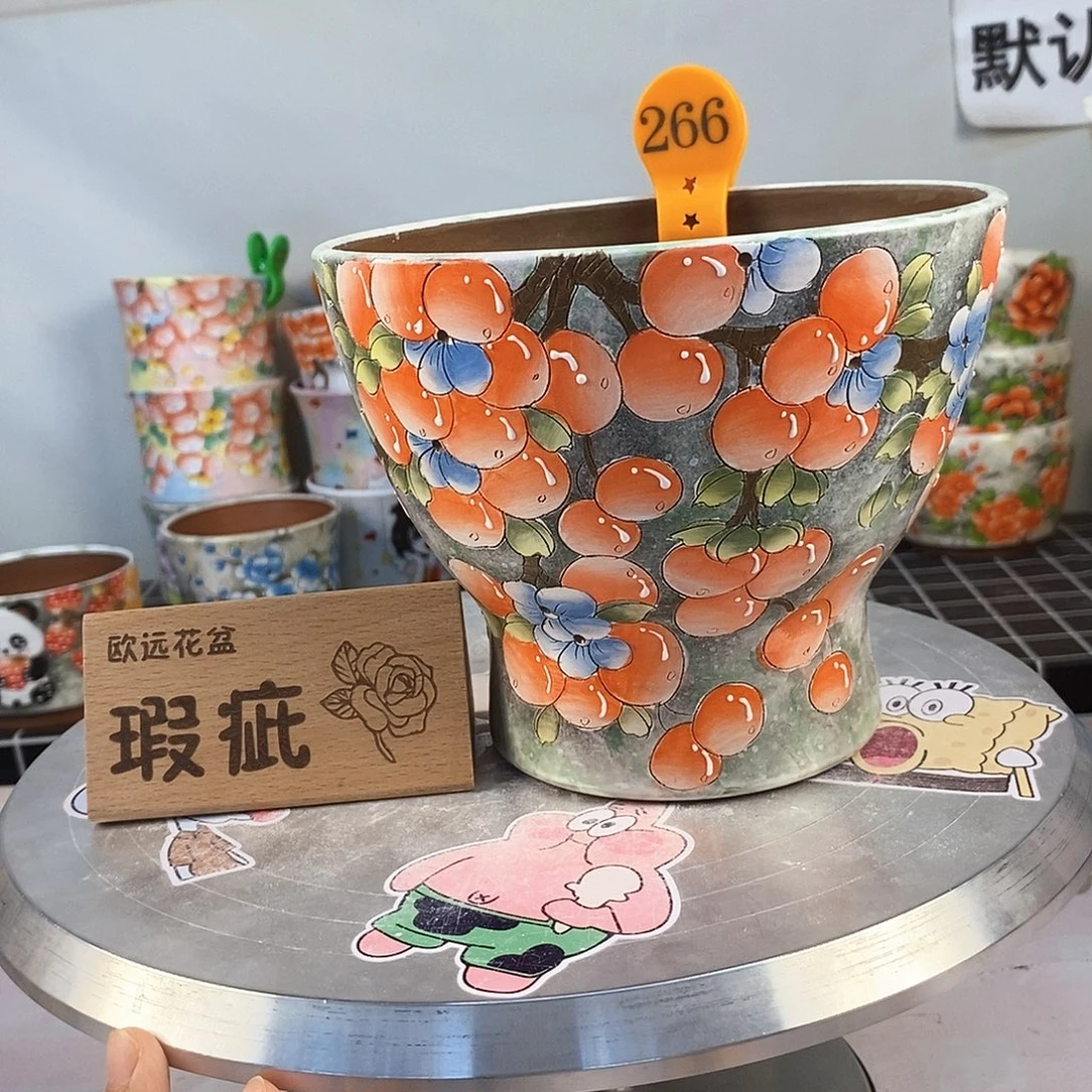 紫砂花盆红陶手绘花盆