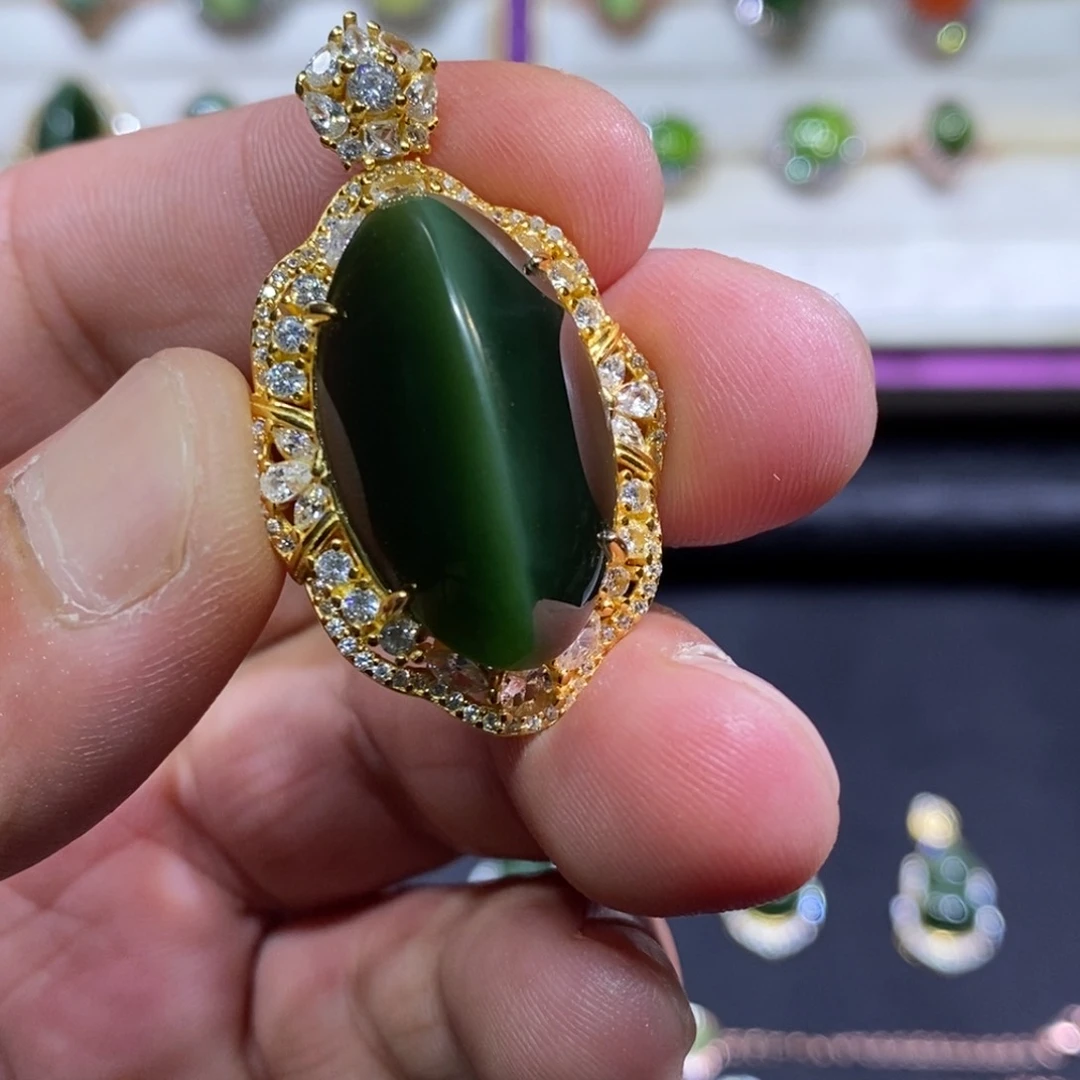 克***斯和田玉（碧玉）银S925镶嵌吊坠(不含链)