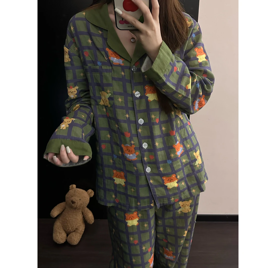 圣诞小熊卡通可爱睡衣女款春秋季长袖长裤日系甜美简约家居服套装