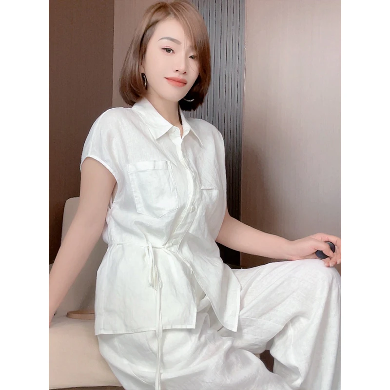 相菲精品一【上衣】夏季新款100%亚麻时尚设计感斜系带百搭显瘦高级