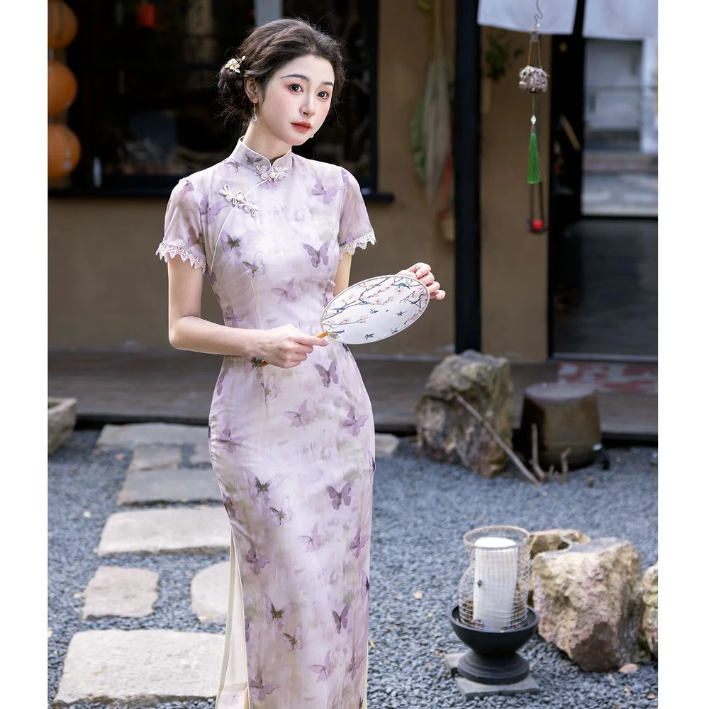 紫色优雅复古高级感旗袍年轻款改良新中式国风旗袍长款连衣裙少女