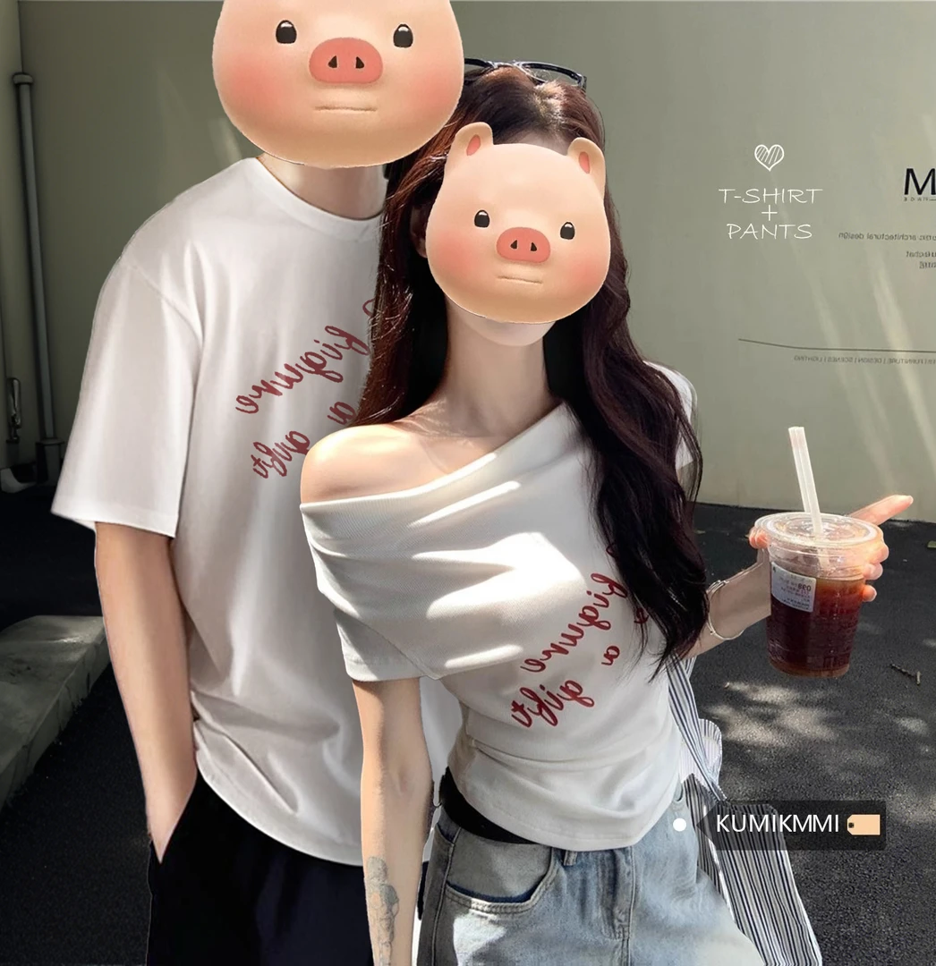 roora情侣装夏季纯棉短袖T恤2025新款慵懒风潮流斜肩设计上衣套装