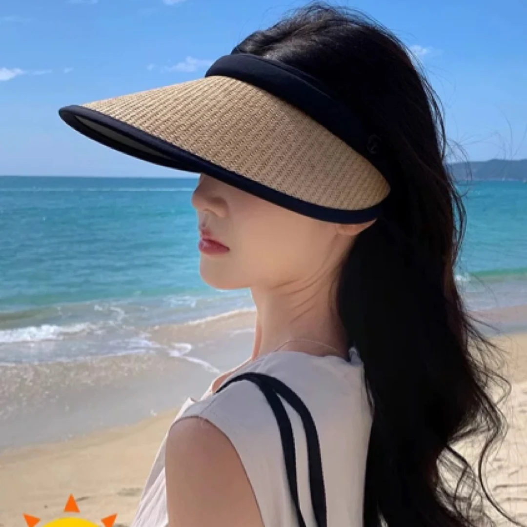 空顶草帽女夏季骑车2025新款防晒太阳帽子防紫外线大沿黑胶遮阳帽