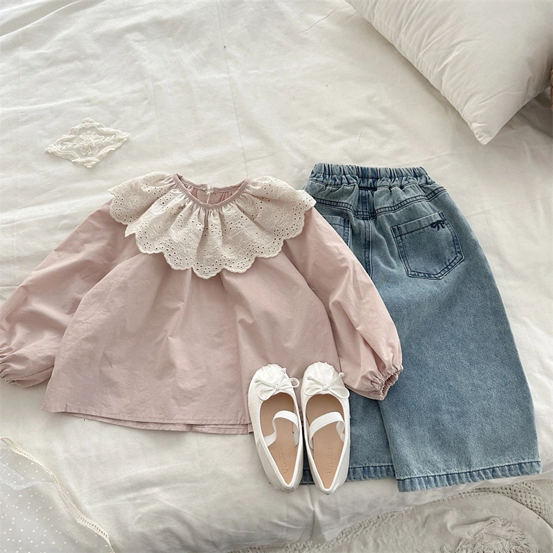 2025春季新品韩版纯色女童蕾丝大花边领衬衣儿童翻领长袖上衣