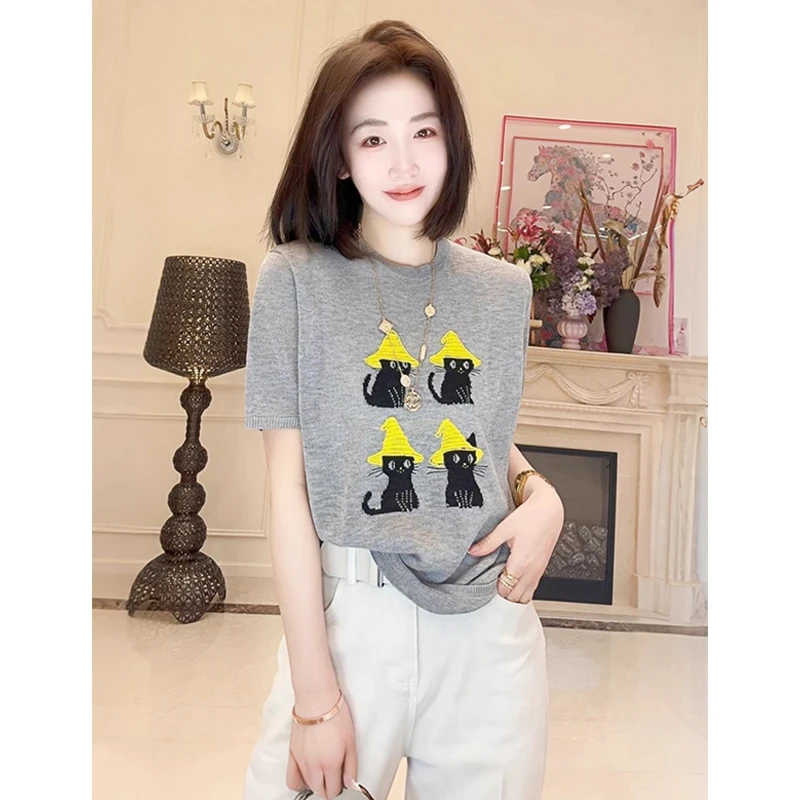 韩版冰丝短袖针织衫女装新款宽松夏季设计薄款显瘦气质女上衣ins