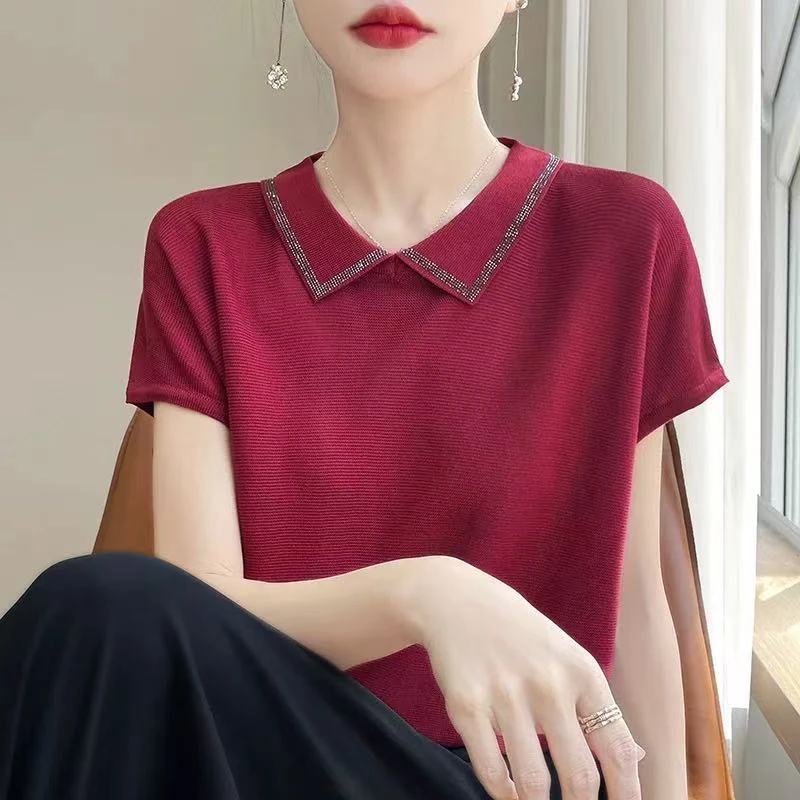 377【酒红 领口烫钻   翻领短袖】高级气质针织女衫