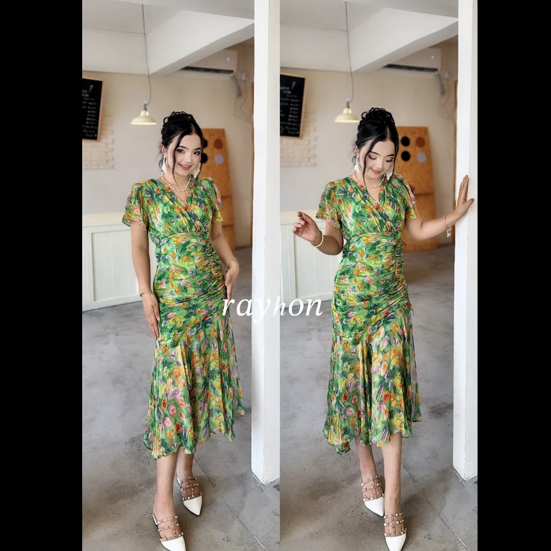 Rayhon夏季V领碎花长裙花色短袖连衣裙X型轻职风喇叭袖秋季