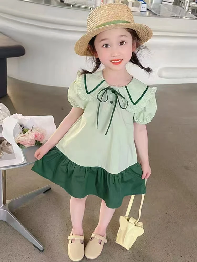 童装女童夏季娃娃领拼色裙高级新款儿童连衣裙洋气