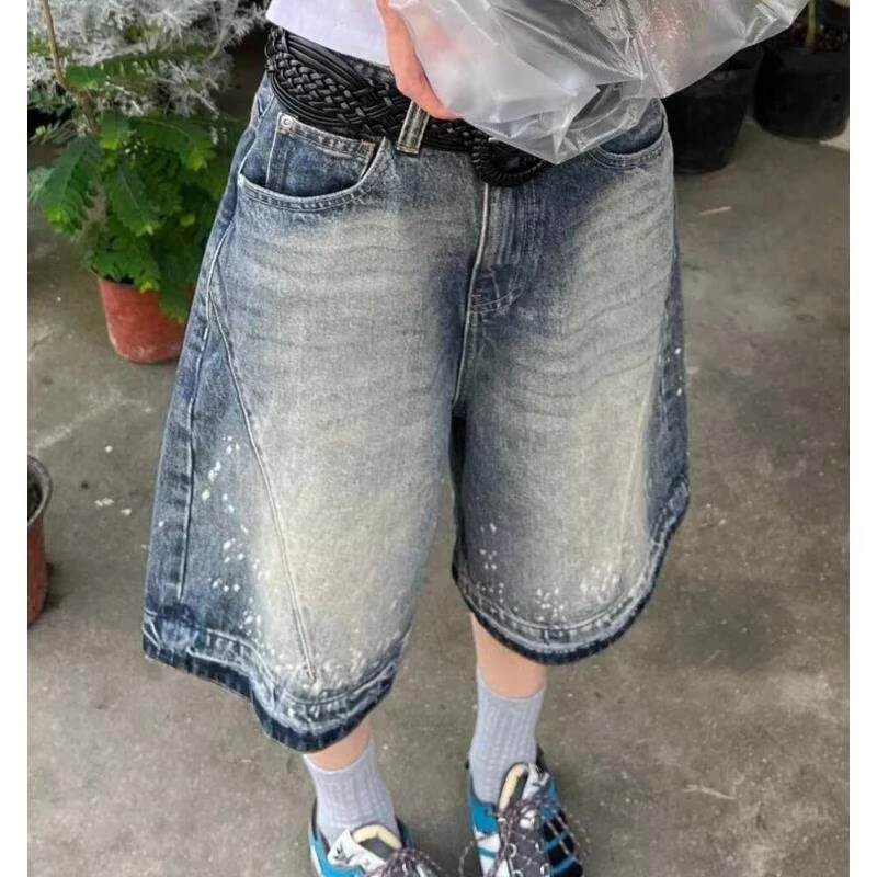 2025新款喷染洗水泼墨牛仔短裤男潮牌宽松做旧中裤直筒运动五分裤