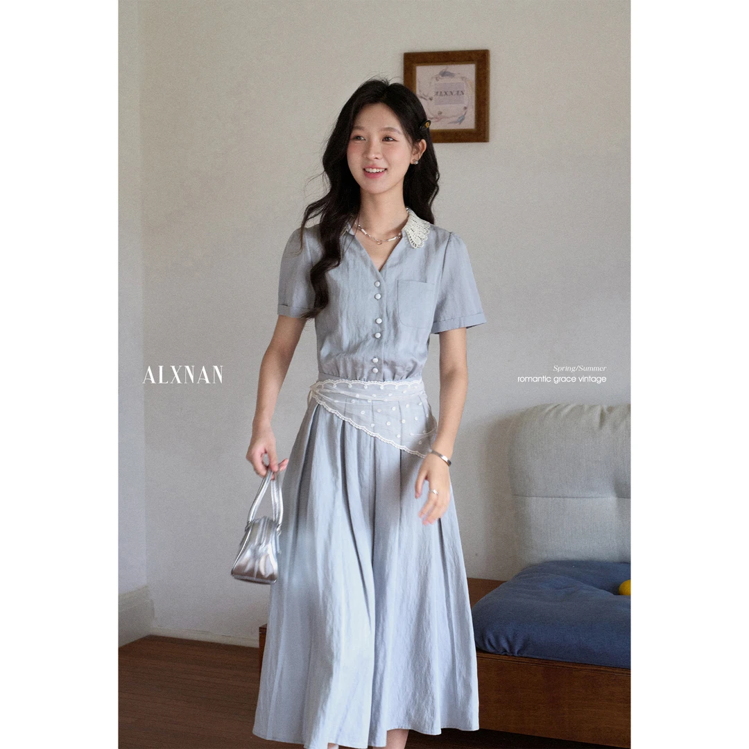 【清清】蓝色花边V领连衣裙女夏新款气质小众短袖长裙