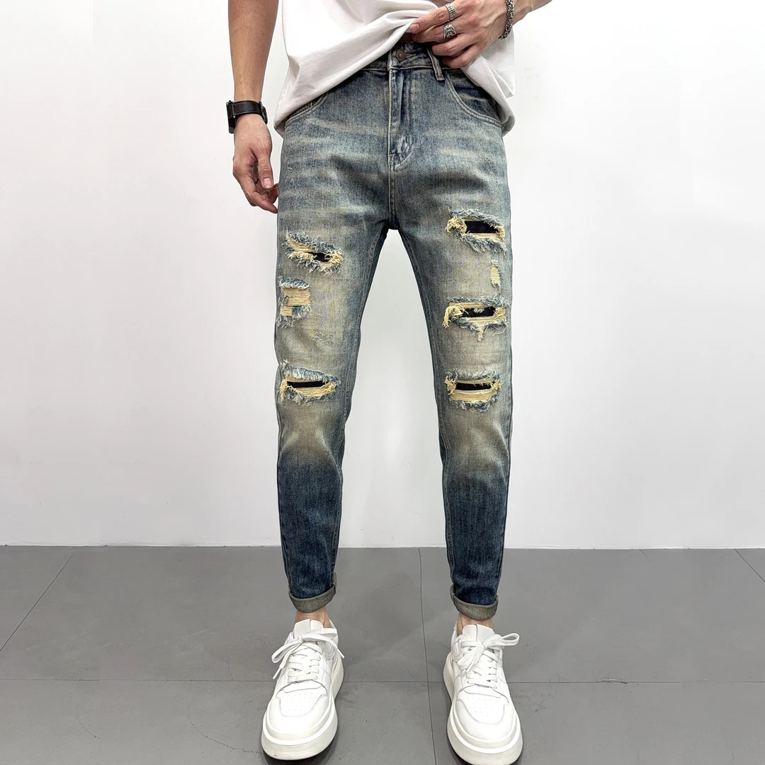夏季破洞牛仔裤男款2025新款复古水洗欧货休闲时尚长裤修身小脚裤