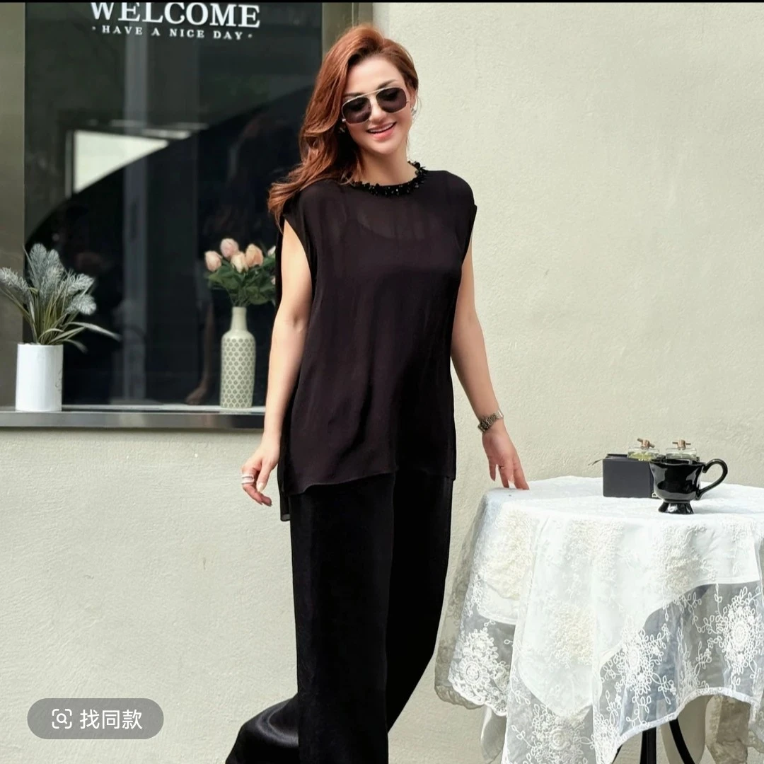 MUBINE 夏季新款简约轻奢高端风薄款带吊带上衣裤子三件套 2565