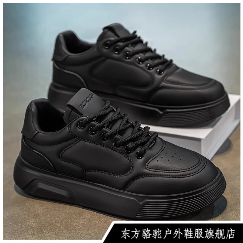 东方骆驼男鞋秋季透气板鞋厚底全黑皮鞋运动休闲小众面包潮鞋