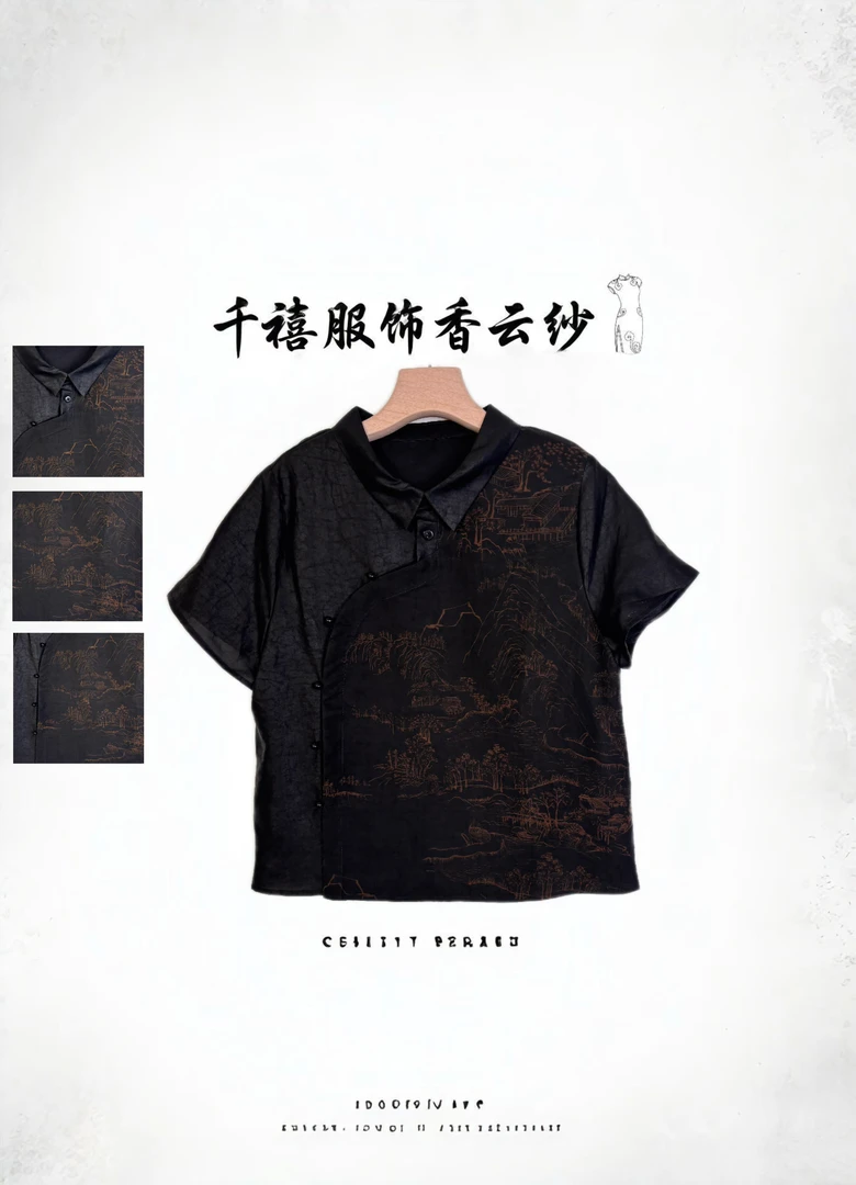 【千禧专属】 23132香云纱桑蚕丝时尚新中式夏季复古黑龟拼接上衣