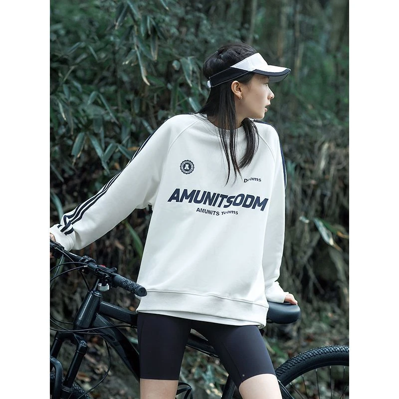 复古运动风字母印花条纹拼接圆领卫衣情侣款